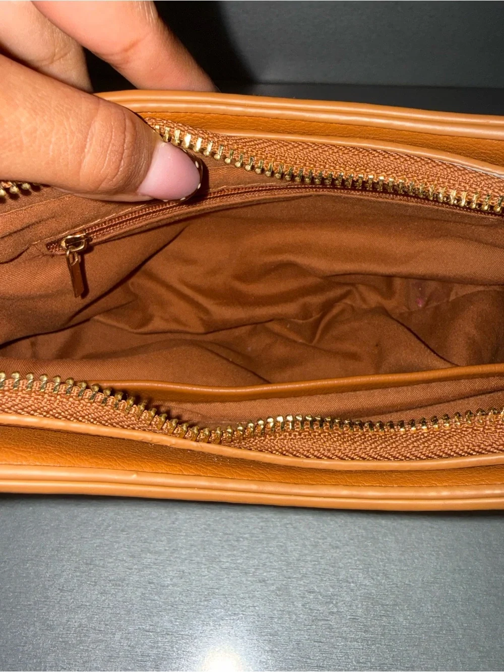Classic Camel Shoulder Bag with Gold Accent